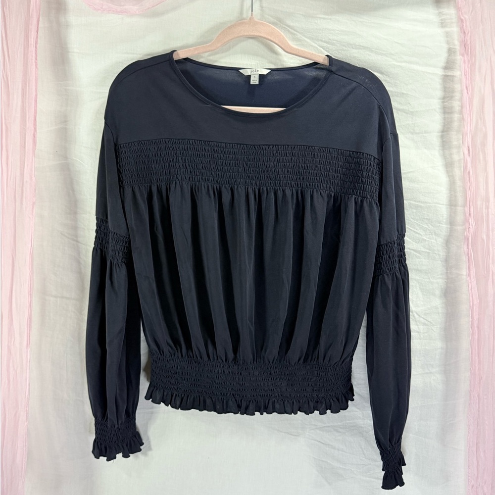 Joie Smocked Long Sleeve Peasant Blouse | Navy |Size S